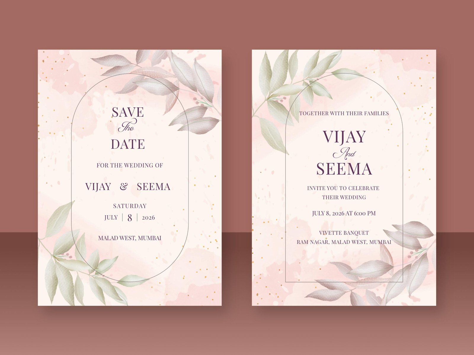 Elegant wedding invite with subtle blush pink and delicate leaves.