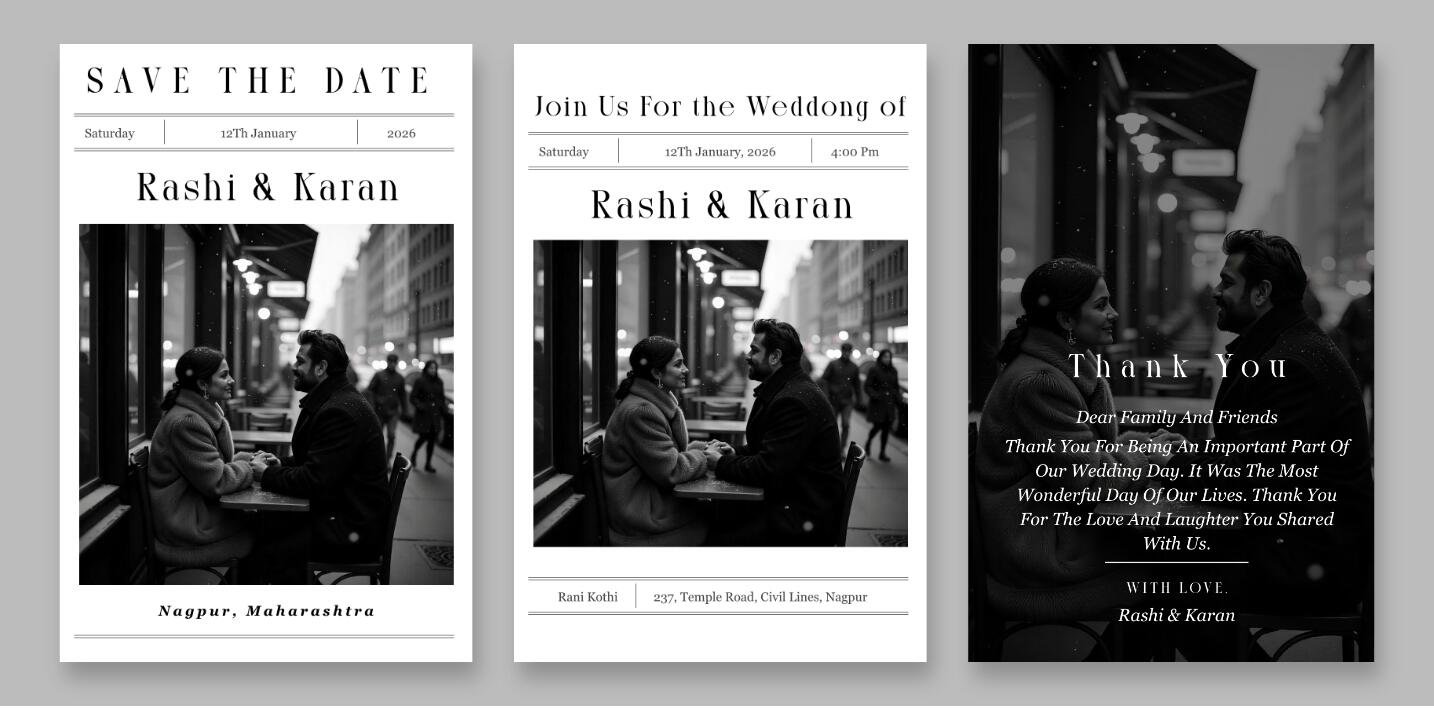 Modern wedding invite with a stylish black and white photo of the couple.