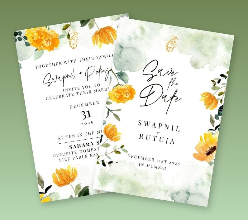 Wedding invitation set featuring bright yellow flowers and a soft green leaf border.