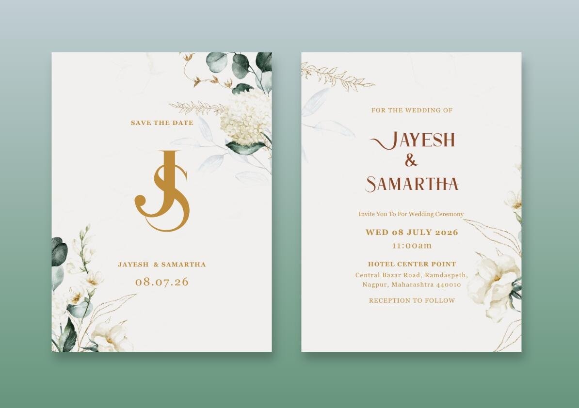 A design with a gold monogram and decorative white flowers with a gray-green border.