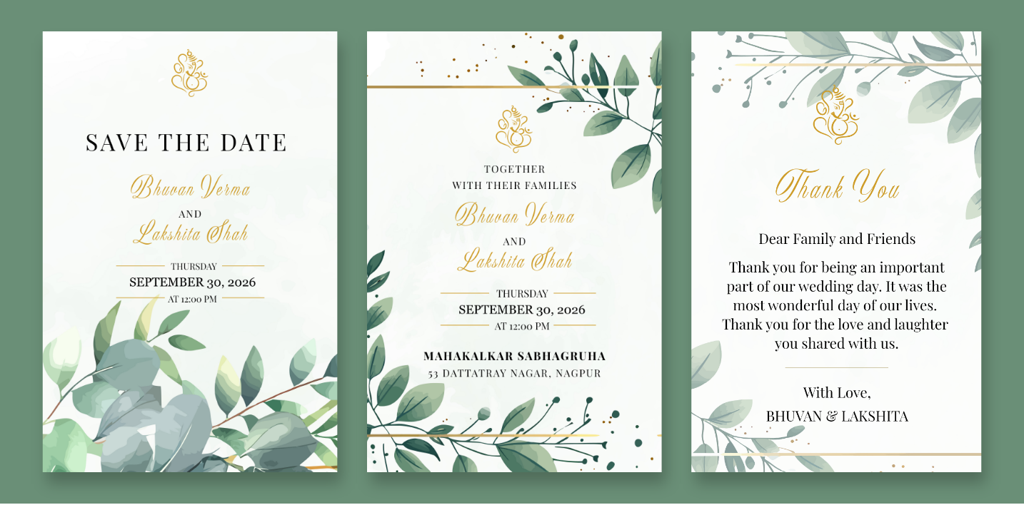 A design with a gold emblem and a lush border of green leaves and delicate foliage.