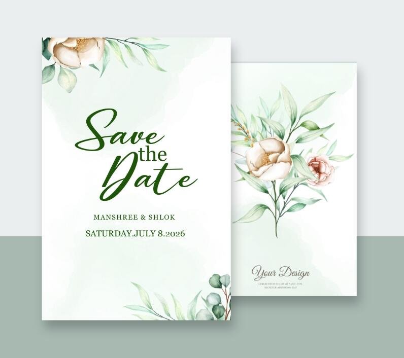 A design with a soft, minimalist composition featuring delicate green leaves and a single peach flower.