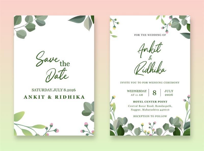 Wedding invitation set featuring a simple, clean design with green leafy borders.