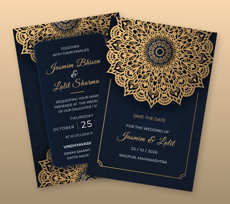 Rich Indian wedding invitation with a gold mandala on navy blue.