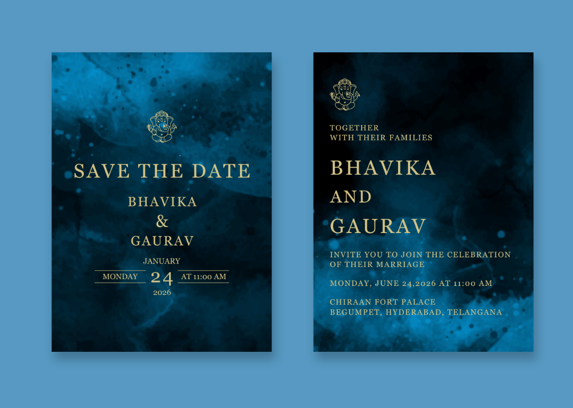 Wedding invitation cards featuring a rich, textured abstract pattern in deep blue and gold tones.